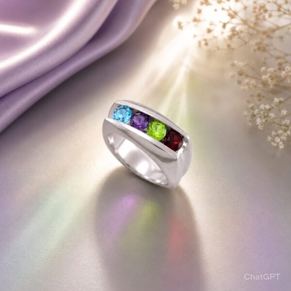 Anillo en Plata Ley 950 con Gema Semipreciosa Amatista, Topacio, Peridoto y Granate.