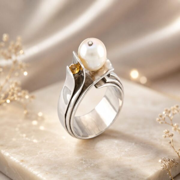 Anillo de Plata Ley 950 con Perla natural de cultivo y Piedra Citrino
