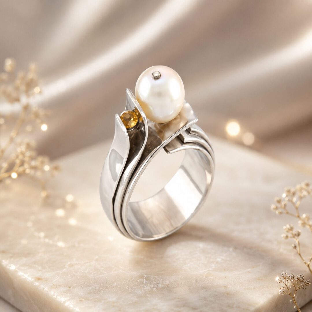 Anillo de Plata Ley 950 con Perla natural de cultivo y Piedra Citrino
