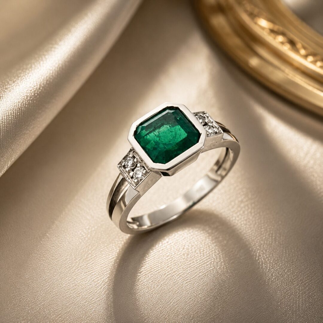 Anillo de Oro Blanco Ley 18 kt con Esmeralda Colombiana y Diamantes