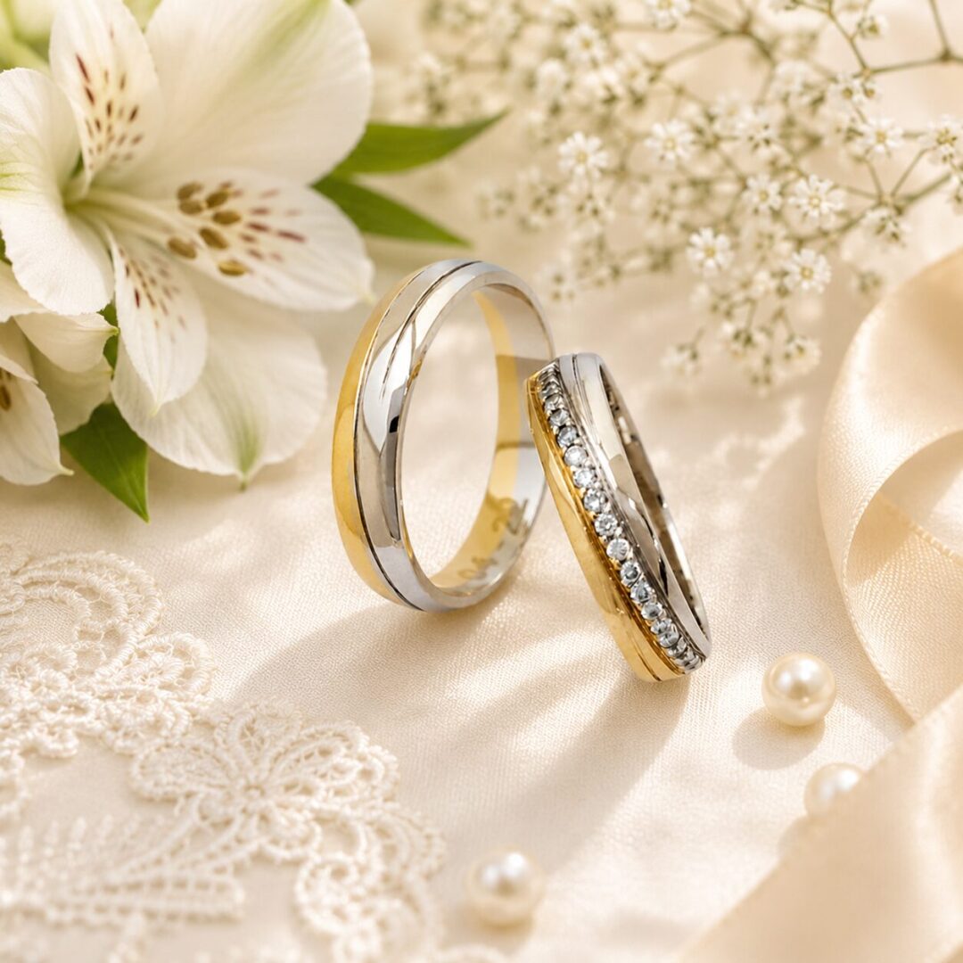 Argollas en Oro Blanco y Amarillo Ley 18 kt con Diamantes