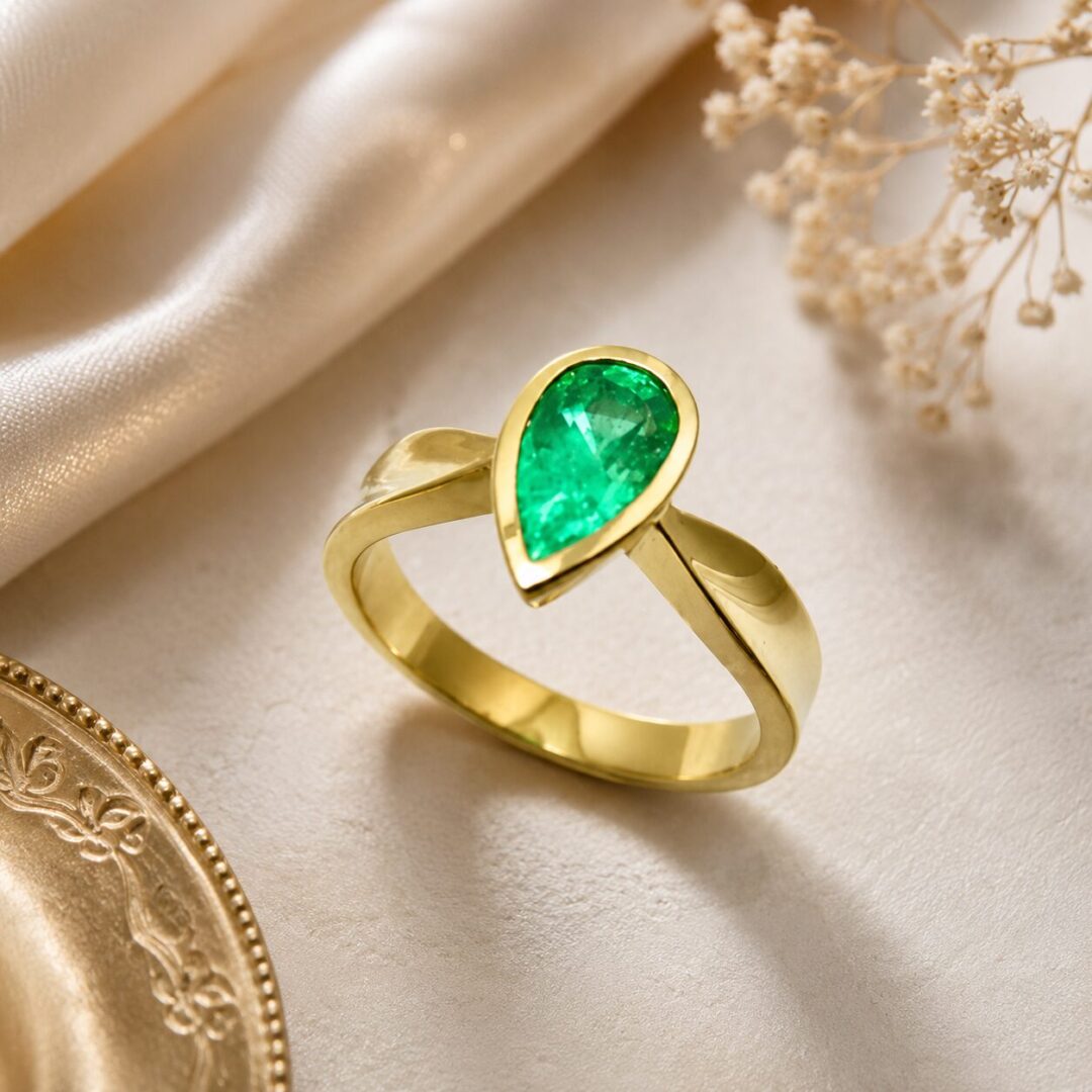 Anillo en Oro Ley 18 kt y Esmeralda Colombiana Tipo Gota