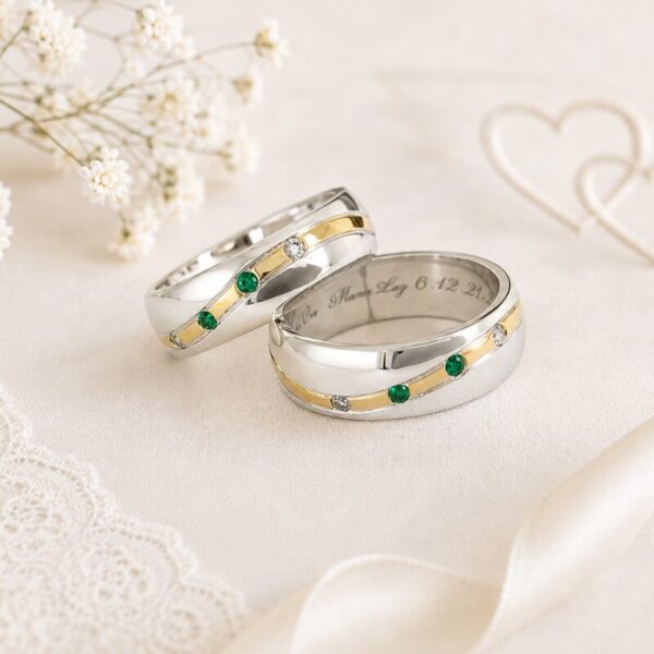 Argollas de Matrimonio Plata y Oro 18 kt con Esmeraldas