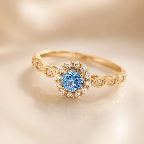 Anillo en Oro 18 kt con Circón Azul y Circón Blanco