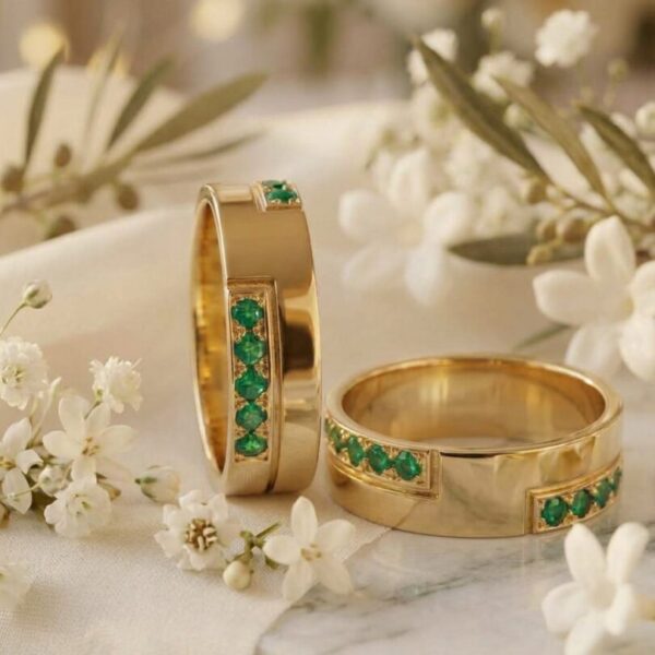 Argollas en Oro Amarillo Ley 18 kt con esmeraldas colombianas