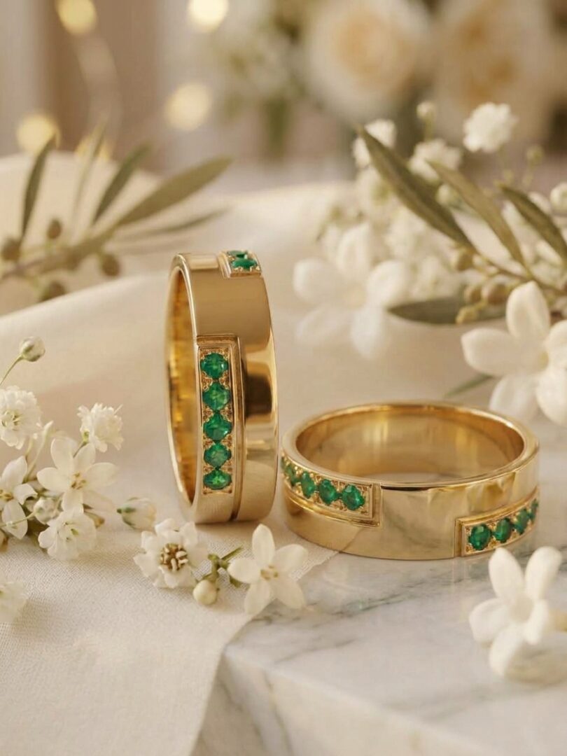 Argollas en Oro Amarillo Ley 18 kt con esmeraldas colombianas